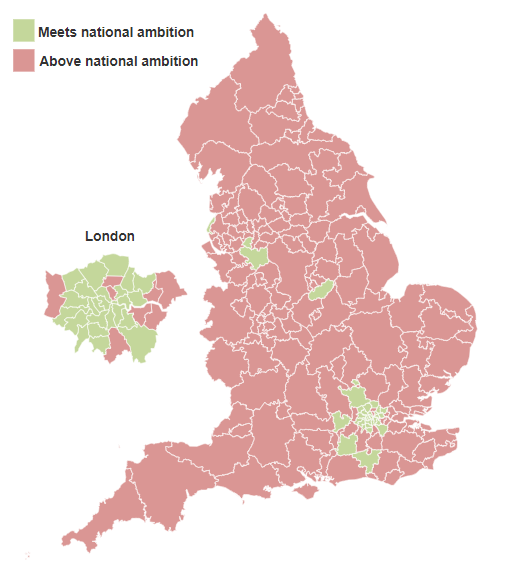Map showing whether CCGs have met the national ambition of 6% in quarter 1 2019/20