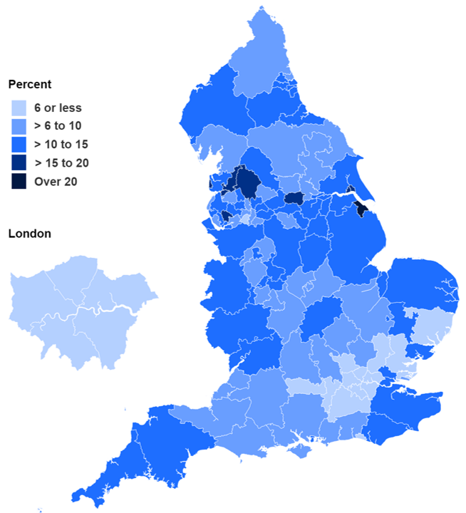 Map showing percentage of women smoking at time of delivery in Q1 2021-22 by CCG