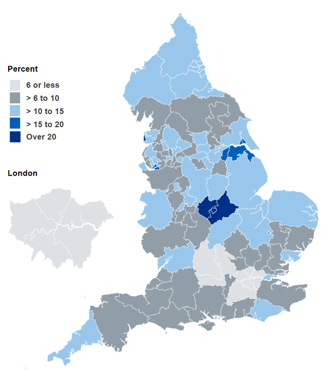 Map showing percentage of women smoking at time of delivery in Q2 2022-23 by Sub-ICB