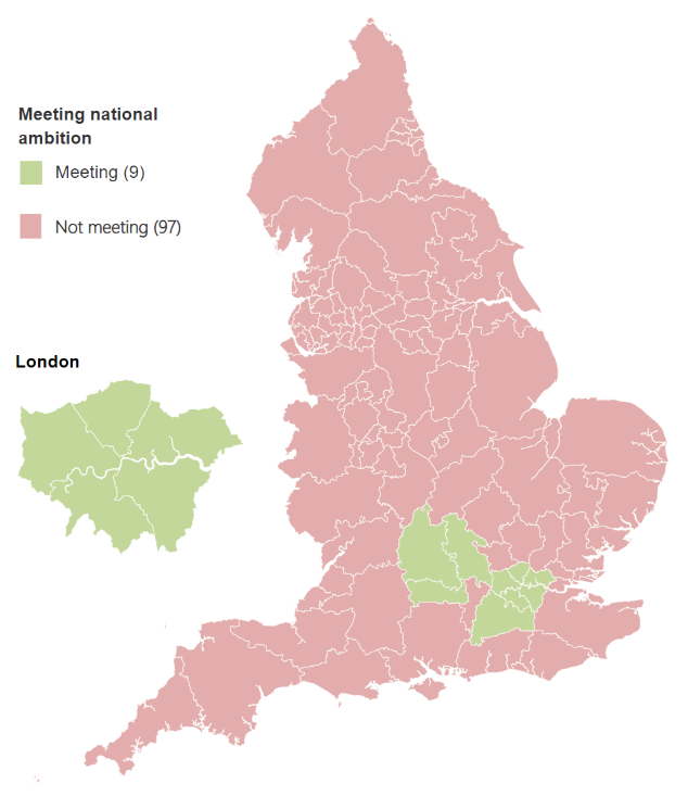 Map showing whether Sub-ICBs have met the national ambition of 6% in quarter 2 2022-23