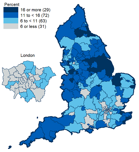 Map showing percentage of women smoking at time of delivery in Q2 2018/19 by CCG