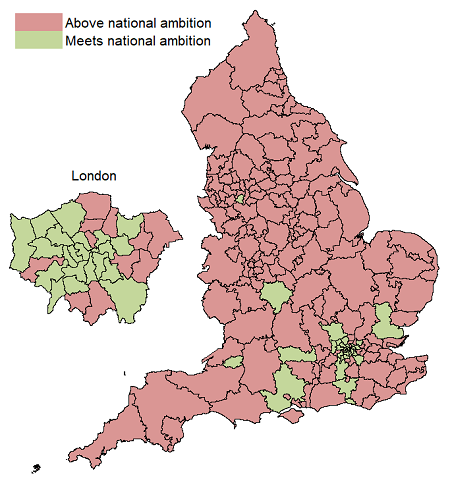 Map showing whether CCGs have met the national ambition of 6% in Q2 2018/19