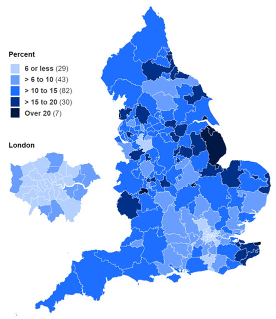 Map showing percentage of women smoking at time of delivery in Q3 2019/20 by CCG