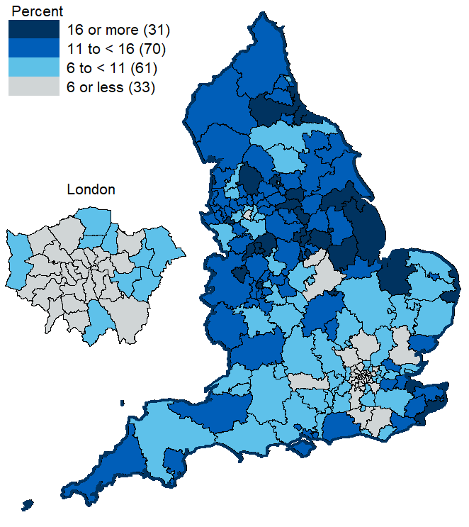 Map showing percentage of women smoking at time of delivery in Q3 2018/19 by CCG