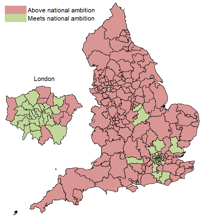Map showing whether CCGs have met the national ambition of 6% in Q3 2018/19