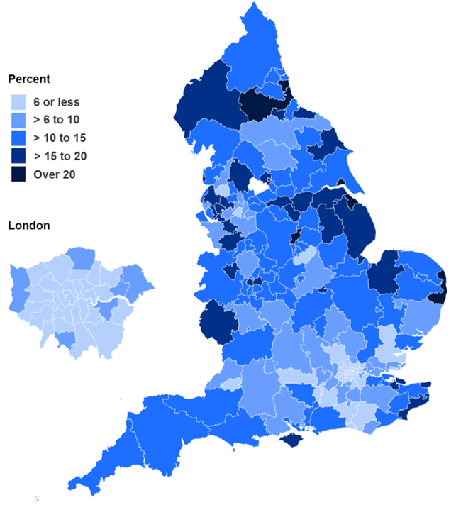 Map showing percentage of women smoking at time of delivery in Q4 2019/20 by CCG