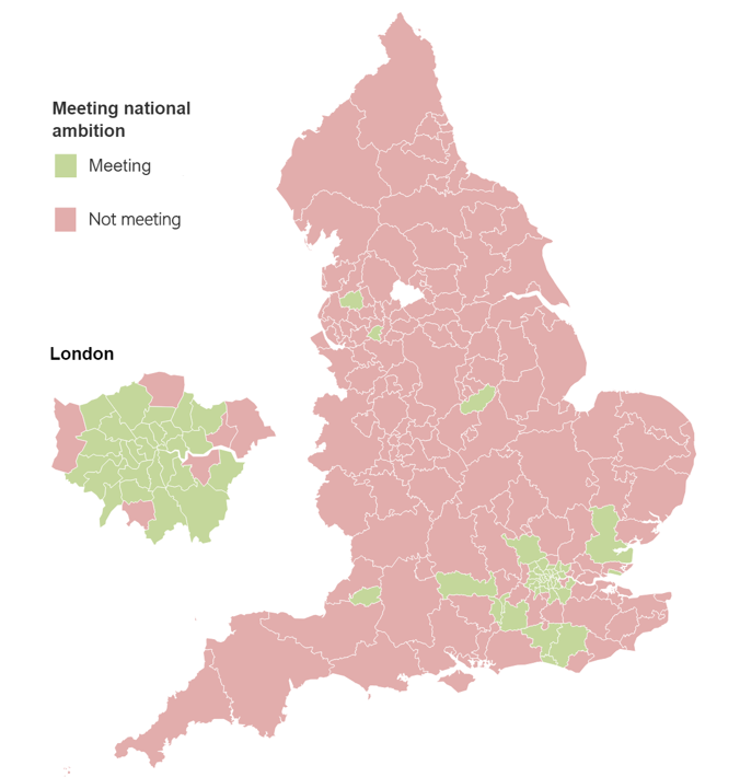 Map showing whether CCGs have met the national ambition of 6% in quarter 4 2019/20