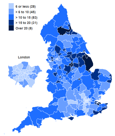 Map showing percentage of women smoking at time of delivery in 2018/19 by CCG