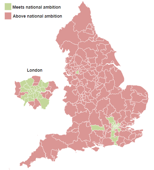 Map showing whether CCGs have met the national ambition of 6% in 2018/19
