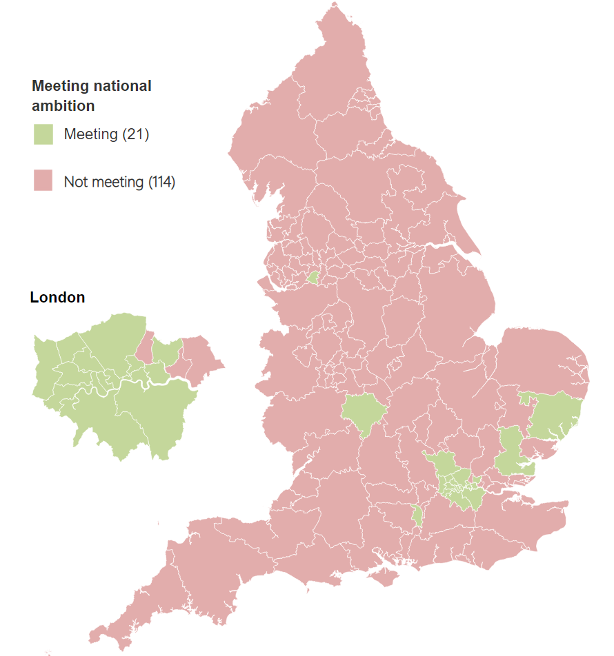 Map showing whether CCGs have met the national ambition of 6% in quarter 2 2020/21
