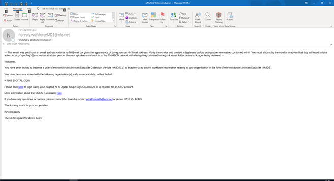 example email from the NHS Digital workforce team