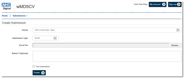 wMDSCV create submission screen