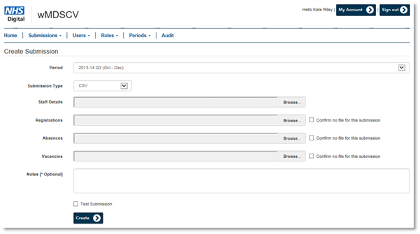wMDSCV create submission screen