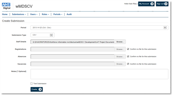 wMDSCV create submission staff details
