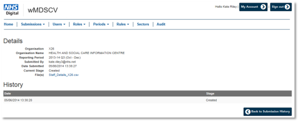 wMDSCV details and history screen