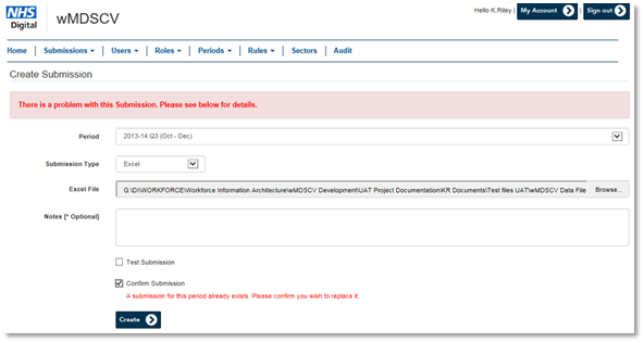 wMDSCV create submission there is a problem with the submission