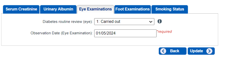 Eye Examinations tab