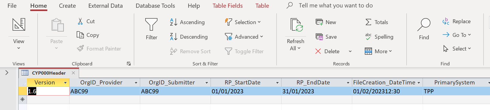 Screenshot of intermediate database demonstrating that the submission is made using the CSDS 1.6 IDB, in the January 2023 reporting period with a file creation date of February 2023.