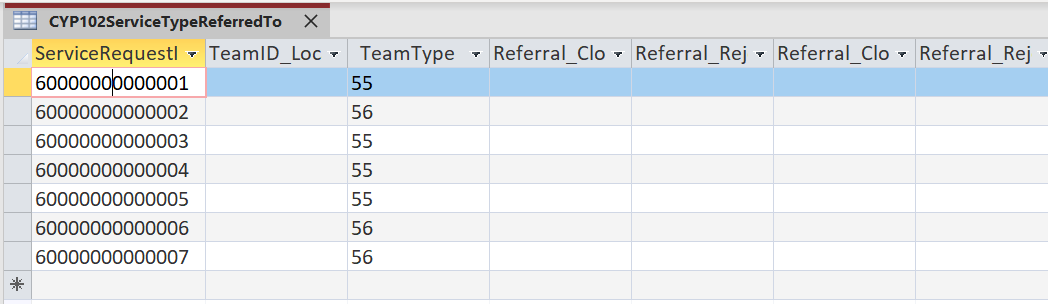 Screenshot of intermediate database showing how 'Service or Team Type Referred To' data item has been populated with codes for 55 – ‘Children’s Weight Management Service’ and 56 ‘Adult’s Weight Management Service’.