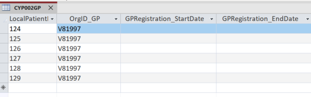 Screenshot of intermediate database showing CYP002 GP General Practice Registration.