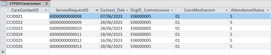 Screenshot of intermediate database showing how New Care Contact Identifiers have been assigned for the patients at this follow up appointment.