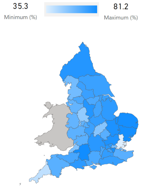 A map showing the integrated care boards in England, shaded according to the percentage of adults with type 1 diabetes who attended specialist services