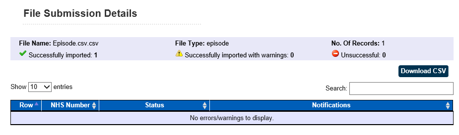 screen shot of file submission details display