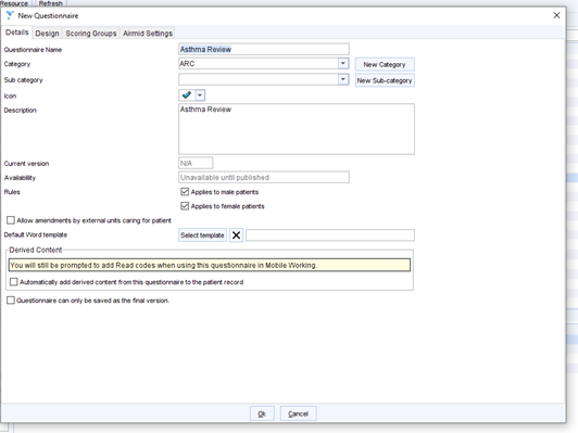 New questionnaire screen