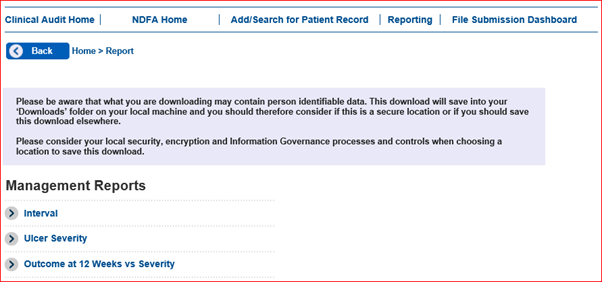 Image of the management reports Clinical Audit Platform screen