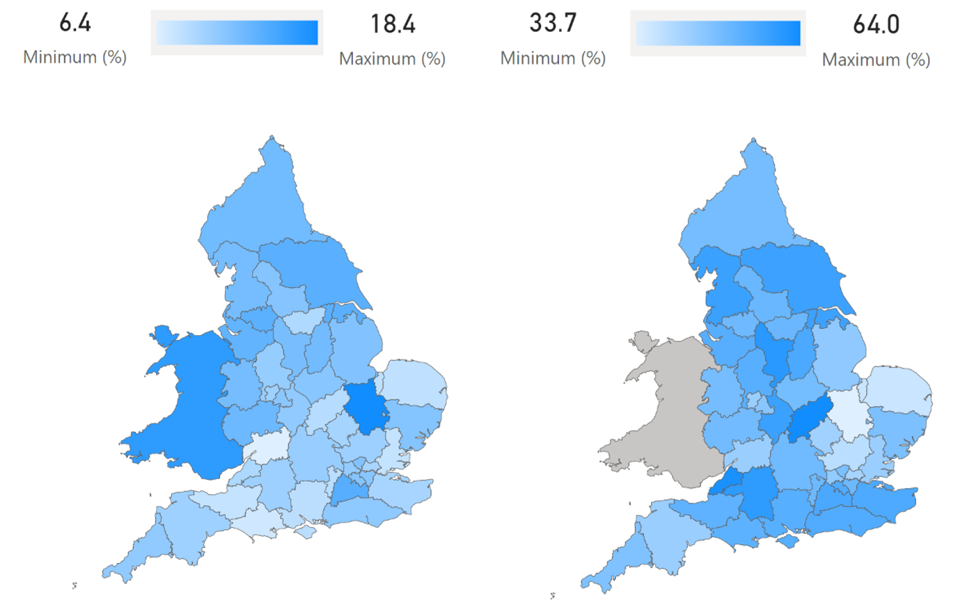 The image shows 2 maps: a map of England and Wales with English ICBs and Wales shaded according to the percentage of insulin pump users and a map of England with English ICBs shaded according to the percentage of wearable glucose monitor users