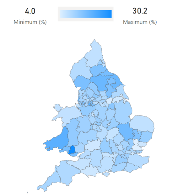 Percentage of adults with type 1 diabetes in each CCG/LHB who are on insulin pump, England and Wales, 2020-21