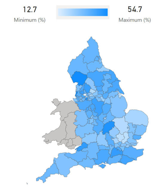 Percentage of adults with type 1 diabetes in each CCG who are on flash glucose monitoring, England, 2020-21