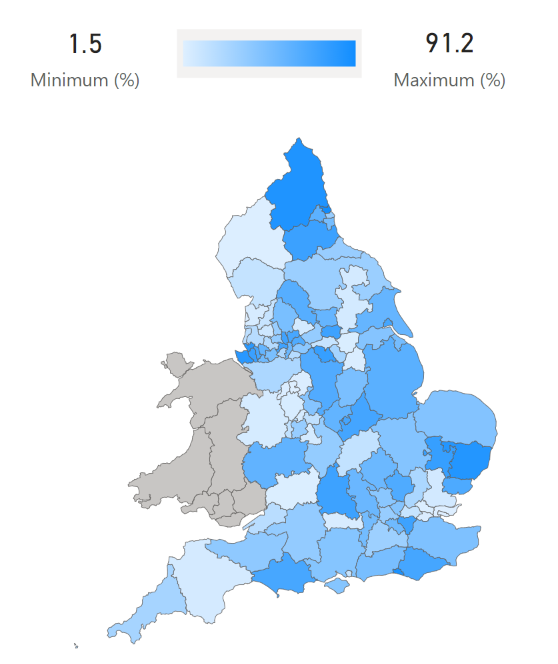 Percentage of adults with type 1 diabetes for whom there is a specialist services data submission, England, 2020-21