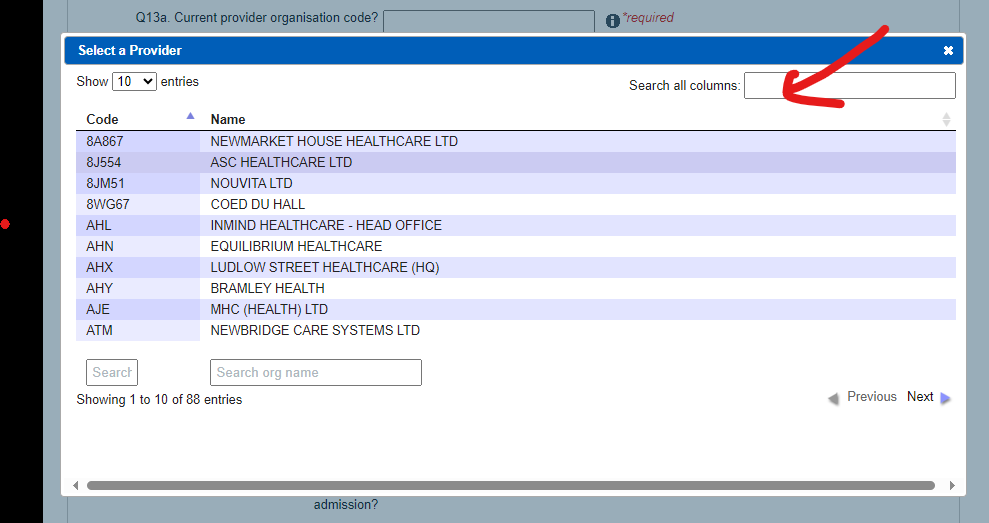 Status submission select a provider by code