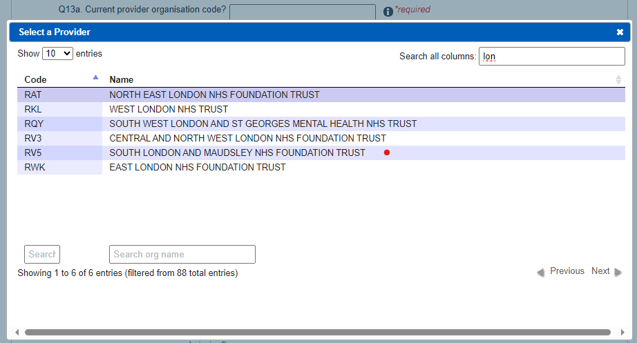 Select a provider by code and name