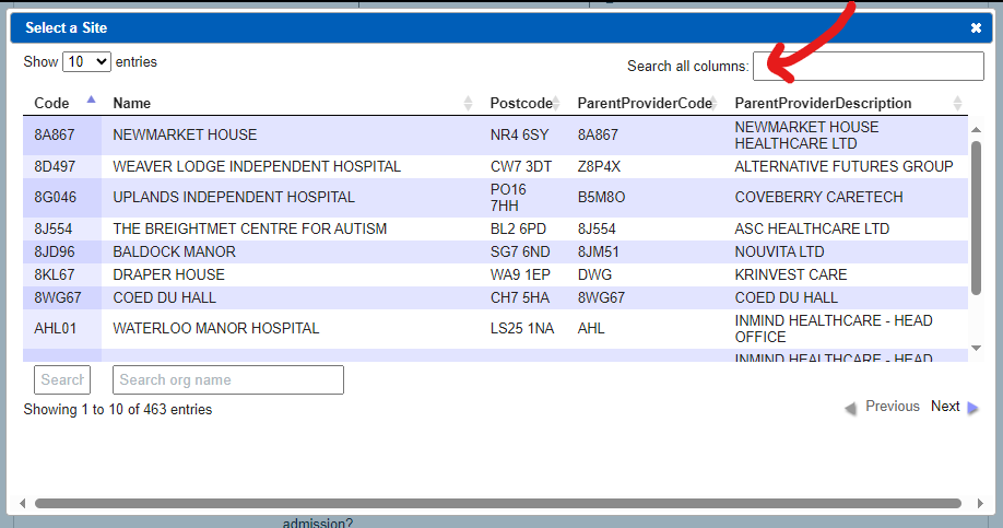 Status submission select a site search all columns