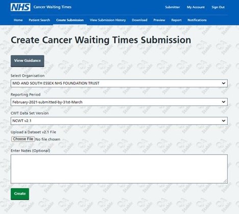 Cancer waiting times waiting time submission screen