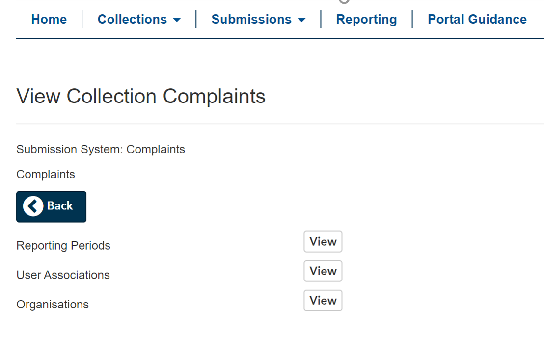 Image of View Collections Complaints screen