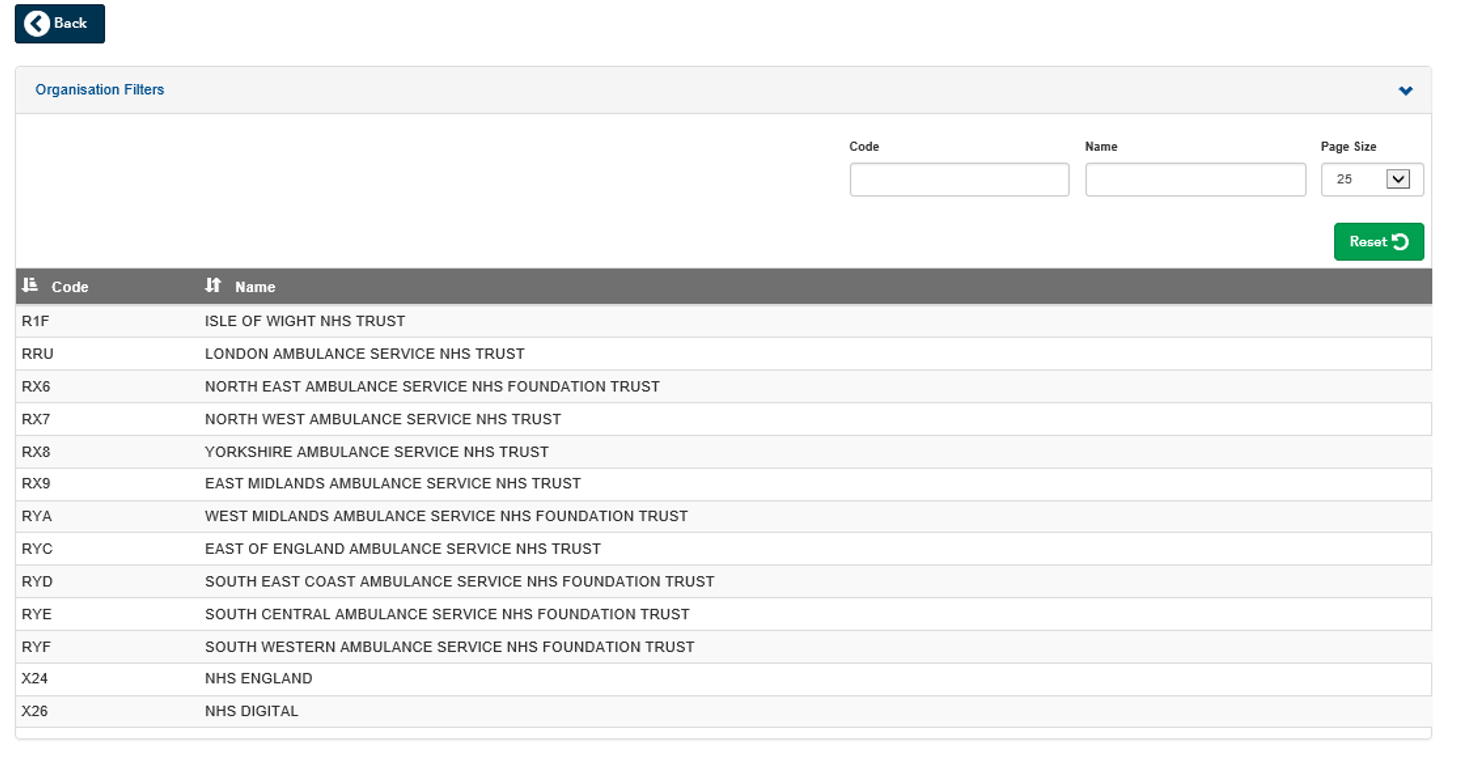 Image of filtering for organisation name or code