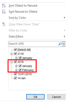 DOLS submission with date filter with January and February 2018 highlighted