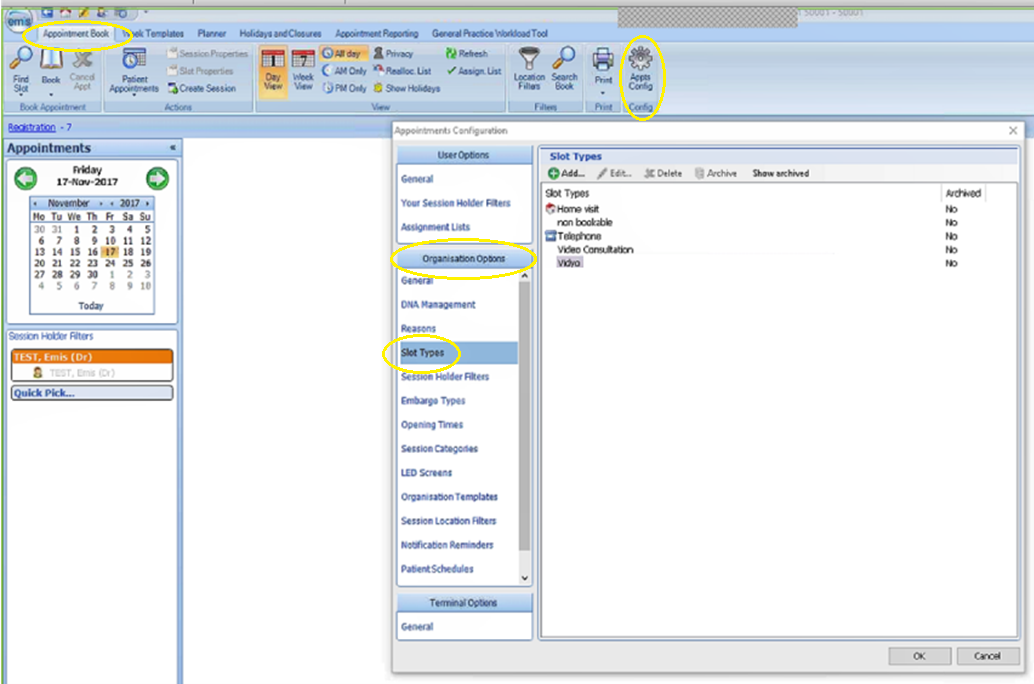 EMIS appointment manager - main screen