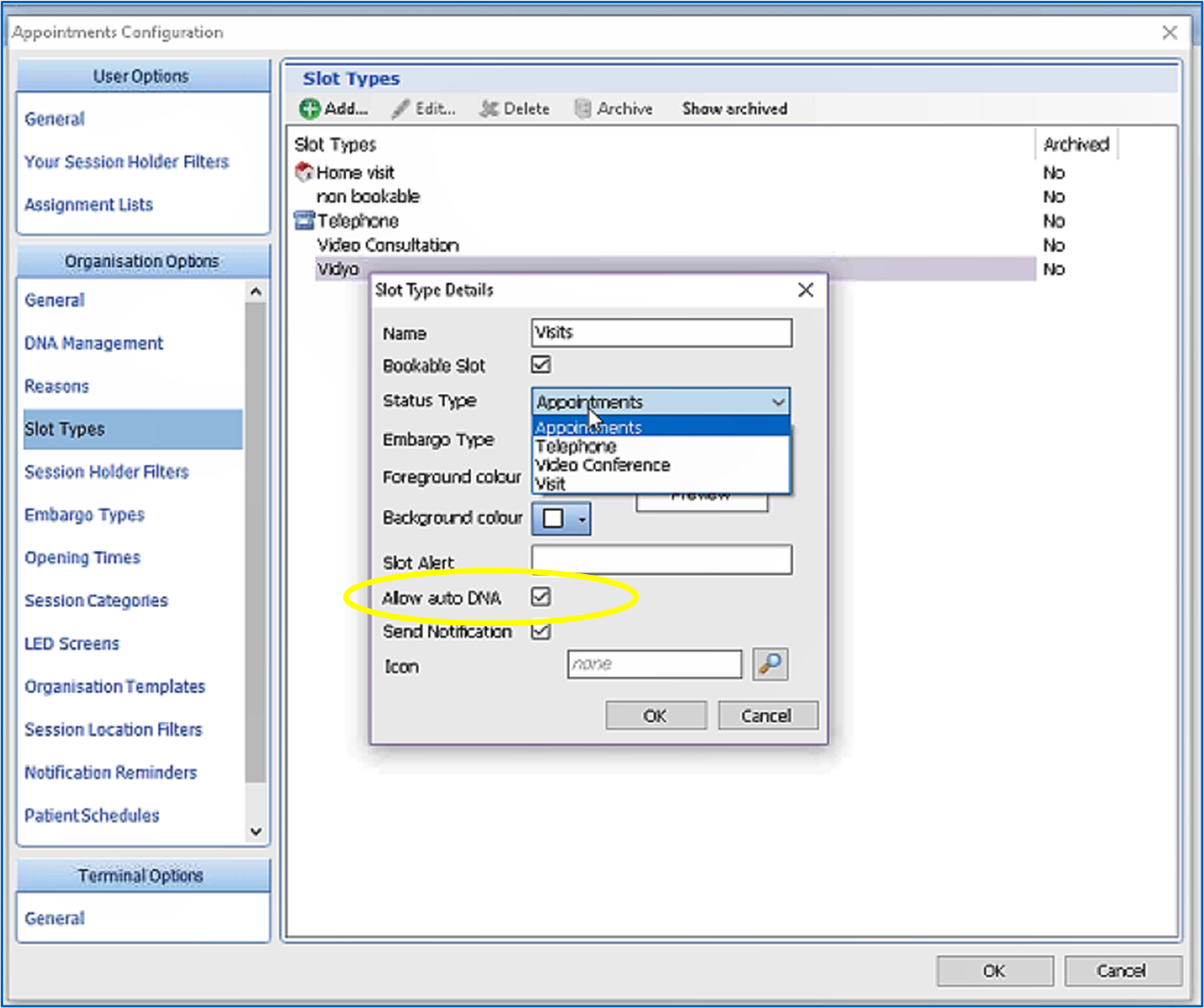 Slot type dialogue box - allow auto DNA