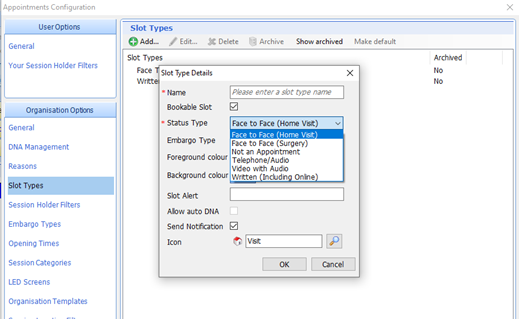 Slot type dialogue box - select mode of appointment