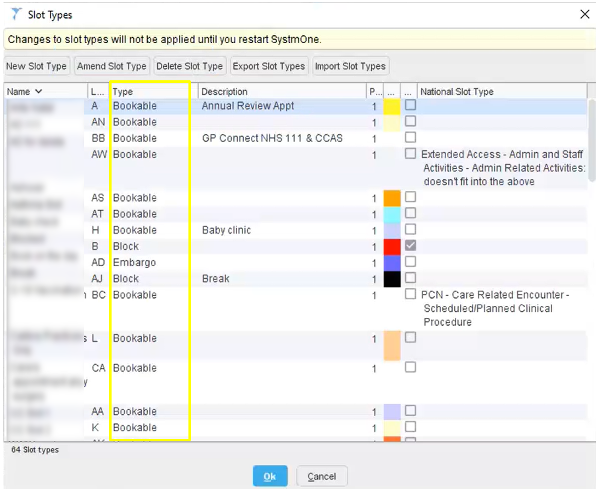 screen shot of slot types screen within appointments ledger with slot types screen with types of appointment highlighted as bookable