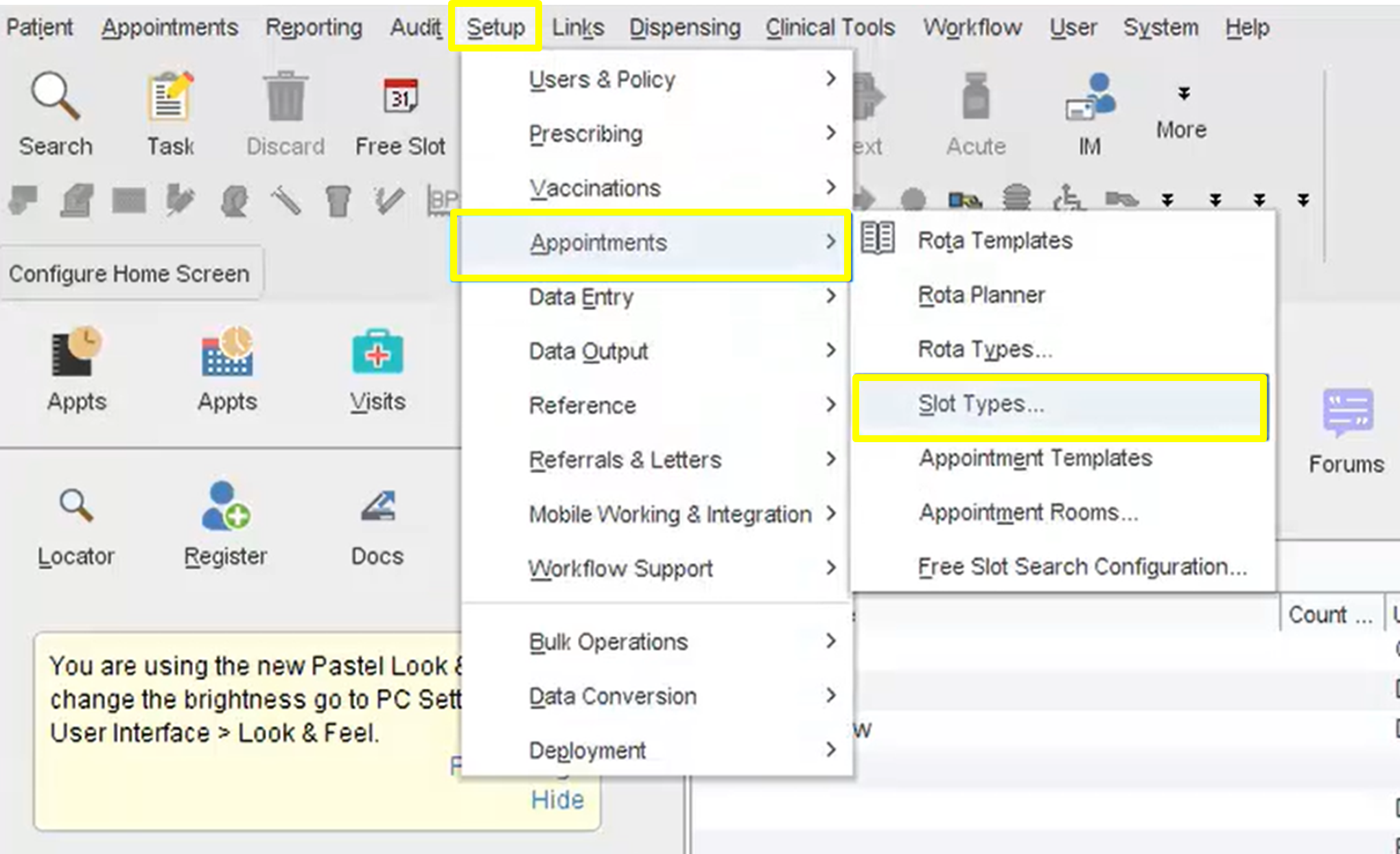 image of appointment ledger with set up appointments and slot types highlighted