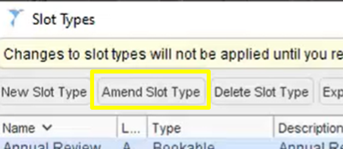 appointments screen with amend slot type highlighted