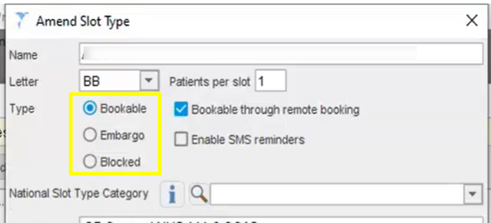 screen shot of appointment with amend slot type screen highlighted and bookable type highlighted