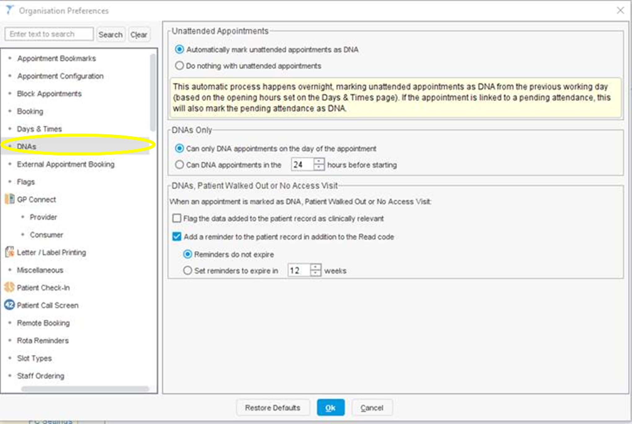 Unattended appointment screen with unattended appointment screen highlighted