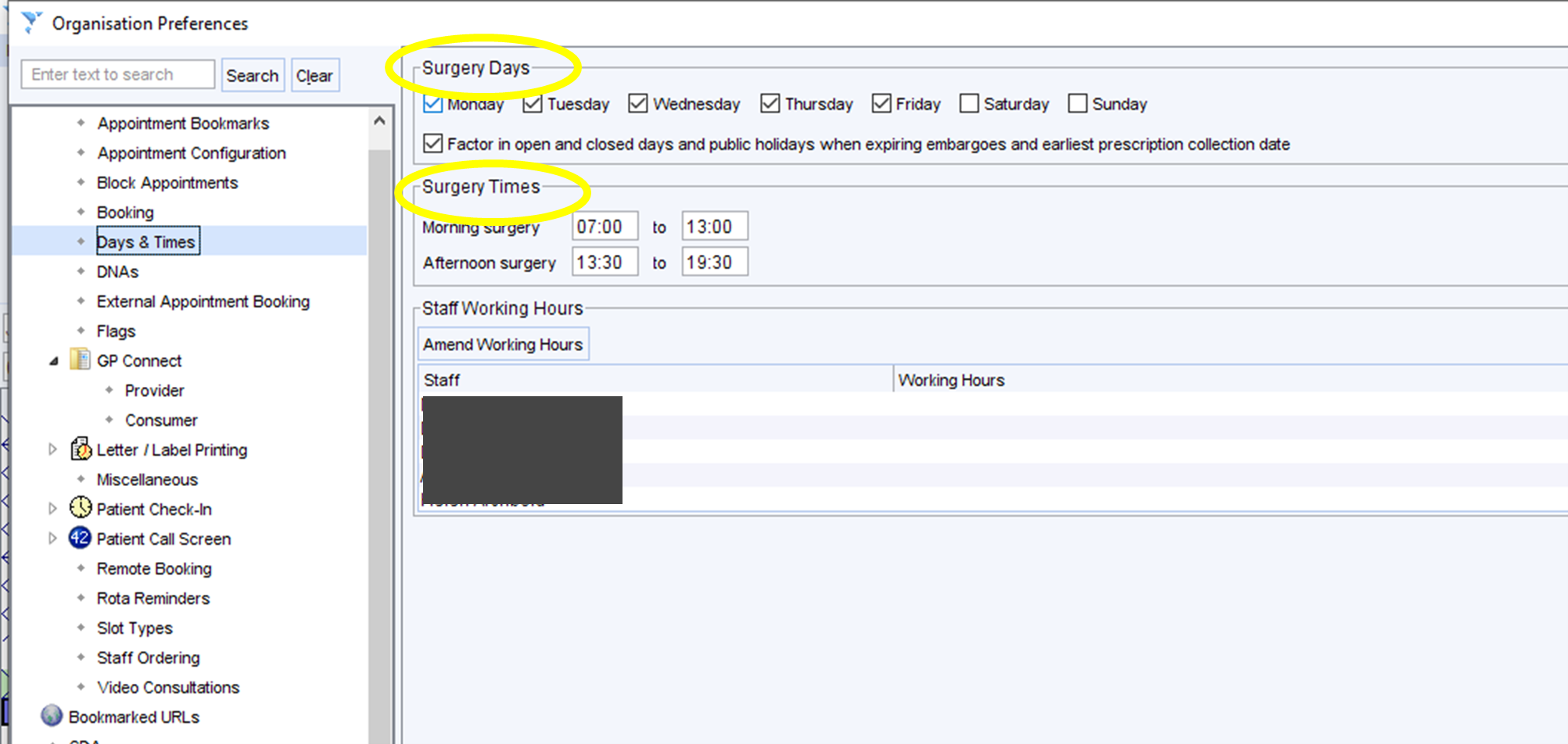 organisation preference screen with surgery days and surgery times highlighted