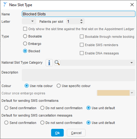 Slot type dialogue box - blocked slots